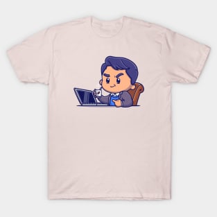 Cute Man Working On Laptop And Drink Coffee Cartoon T-Shirt